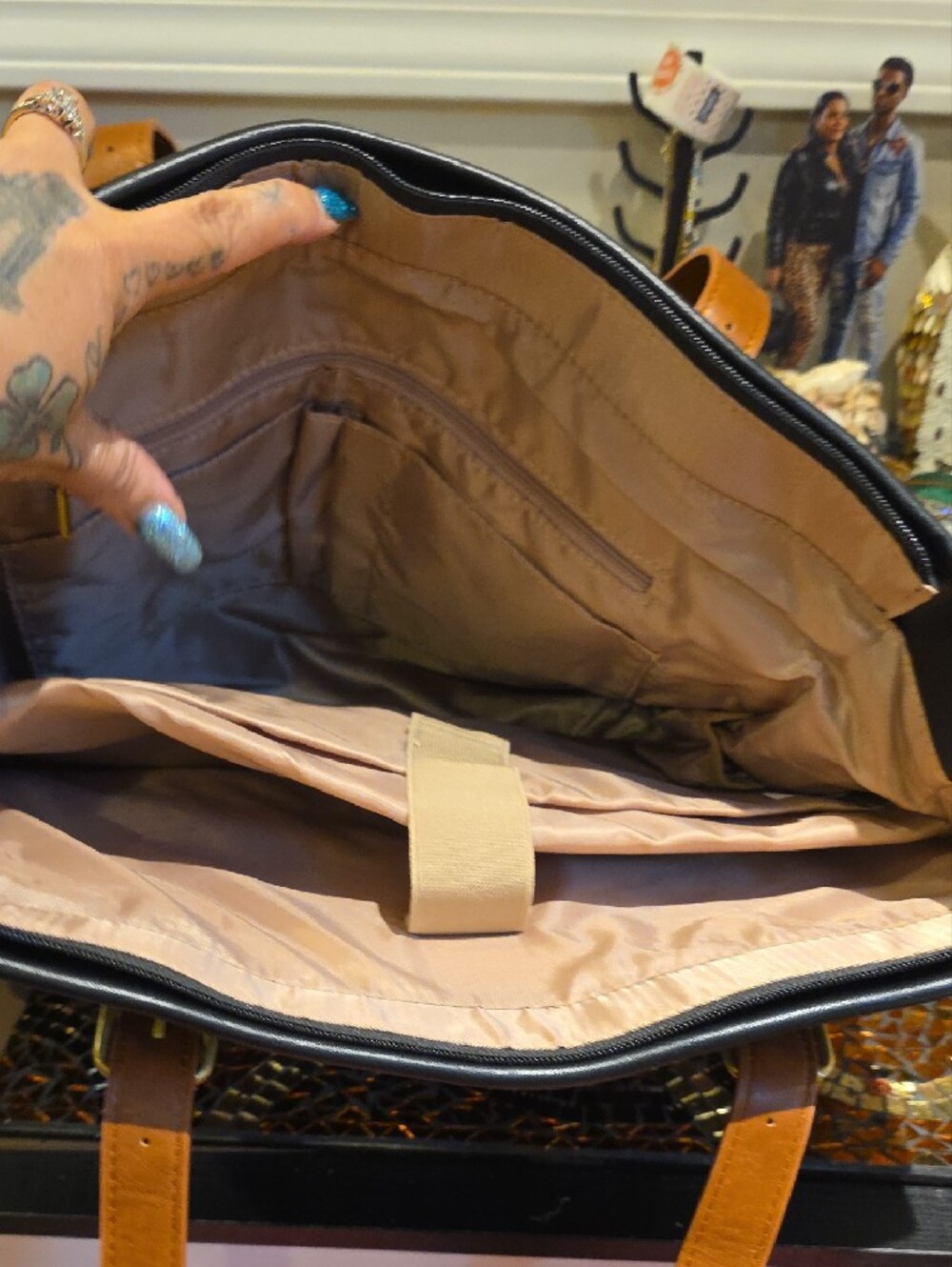 Spacious Black Tote with Tan Interior and Straps - Picture 6 of 8